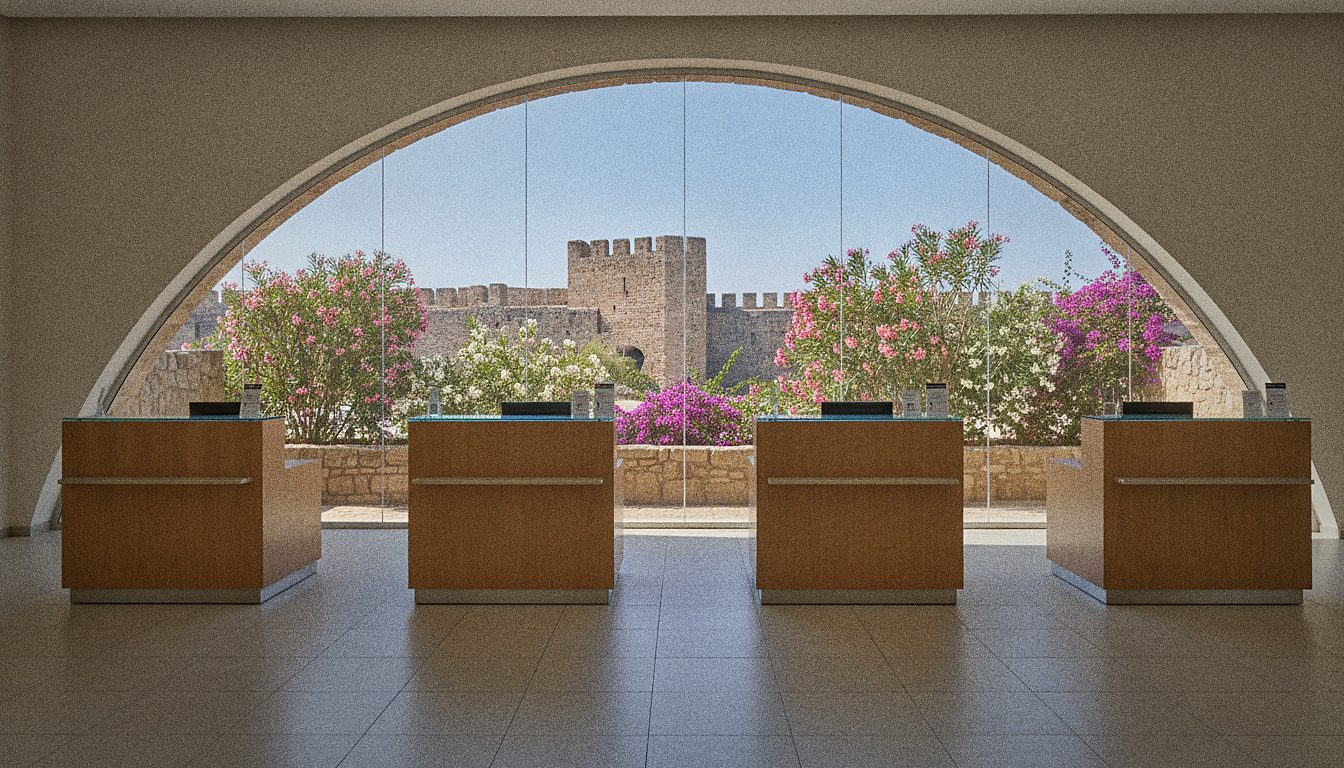 Mietwagenschalter in der Ankunftshalle des Flughafens Rhodos