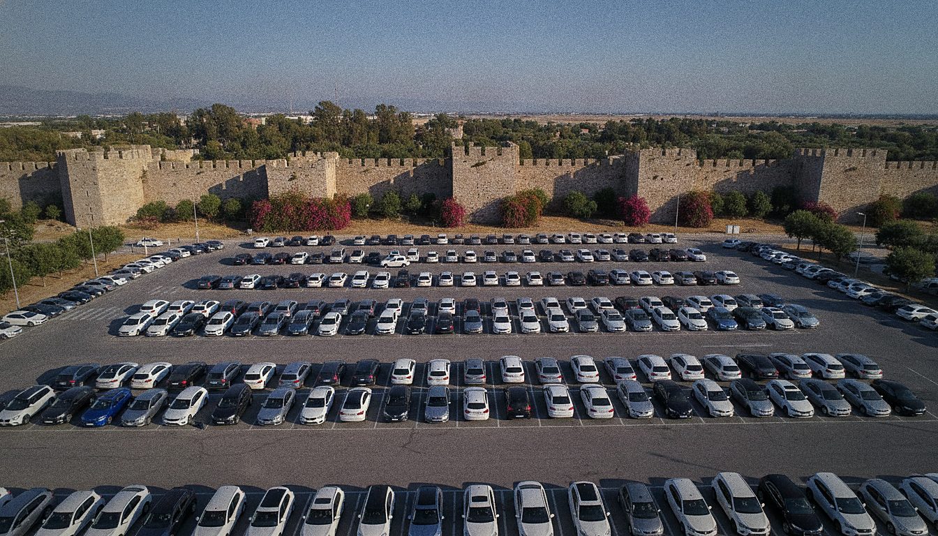 Parkplatz gegenüber dem Terminal des Flughafens Rhodos