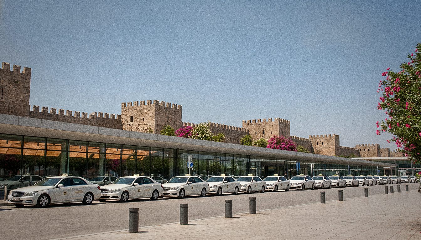 Taxistand vor der Ankunftshalle des Flughafens Rhodos