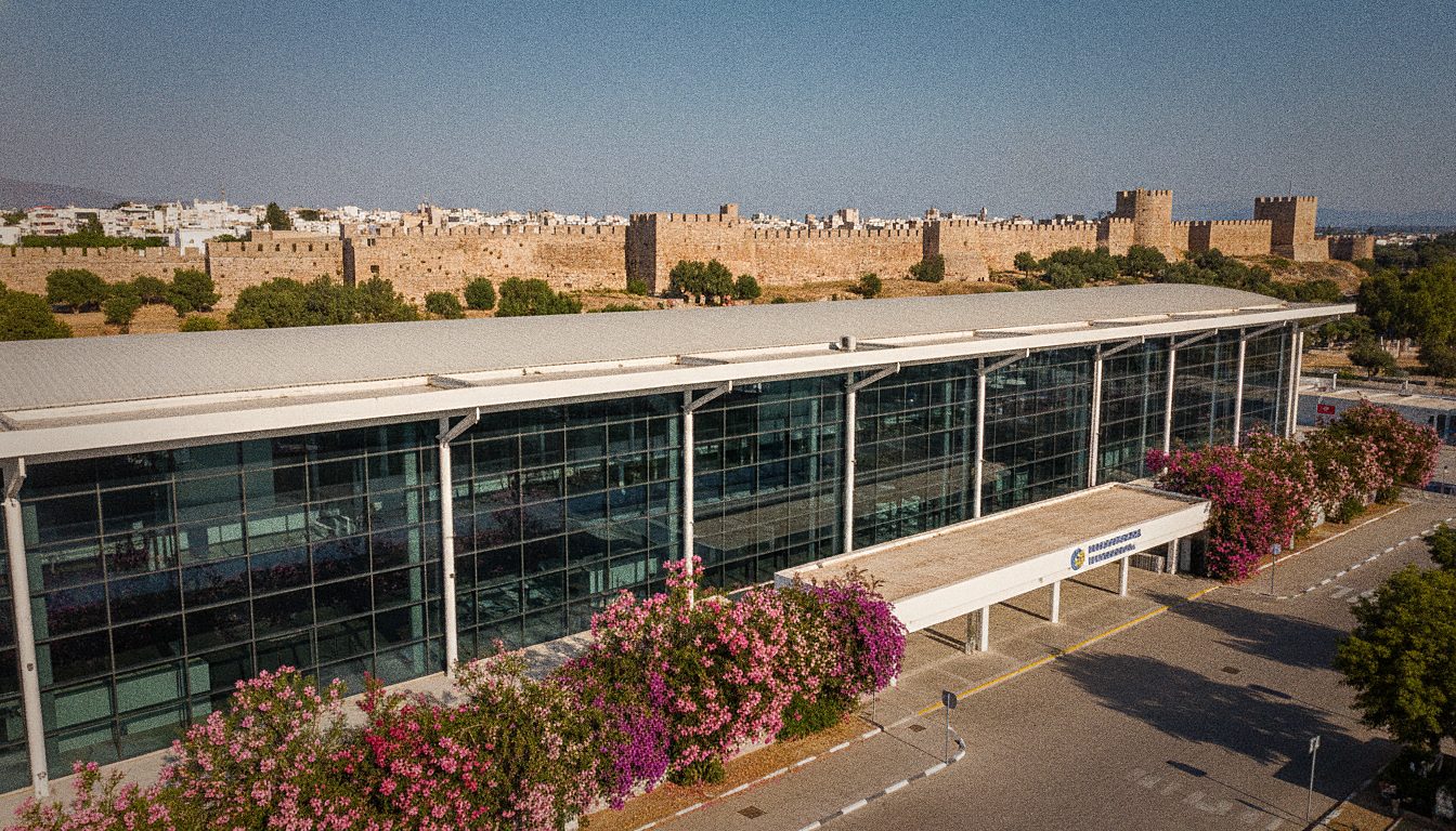 Terminalfassade des Flughafens Rhodos am Tag