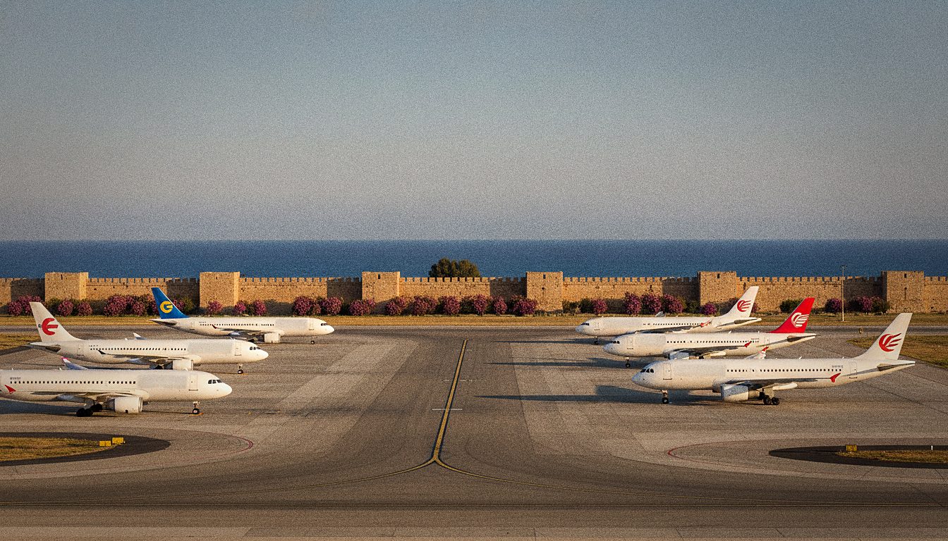 Vorfeld des Flughafens Rhodos mit parkenden Ferienfliegern